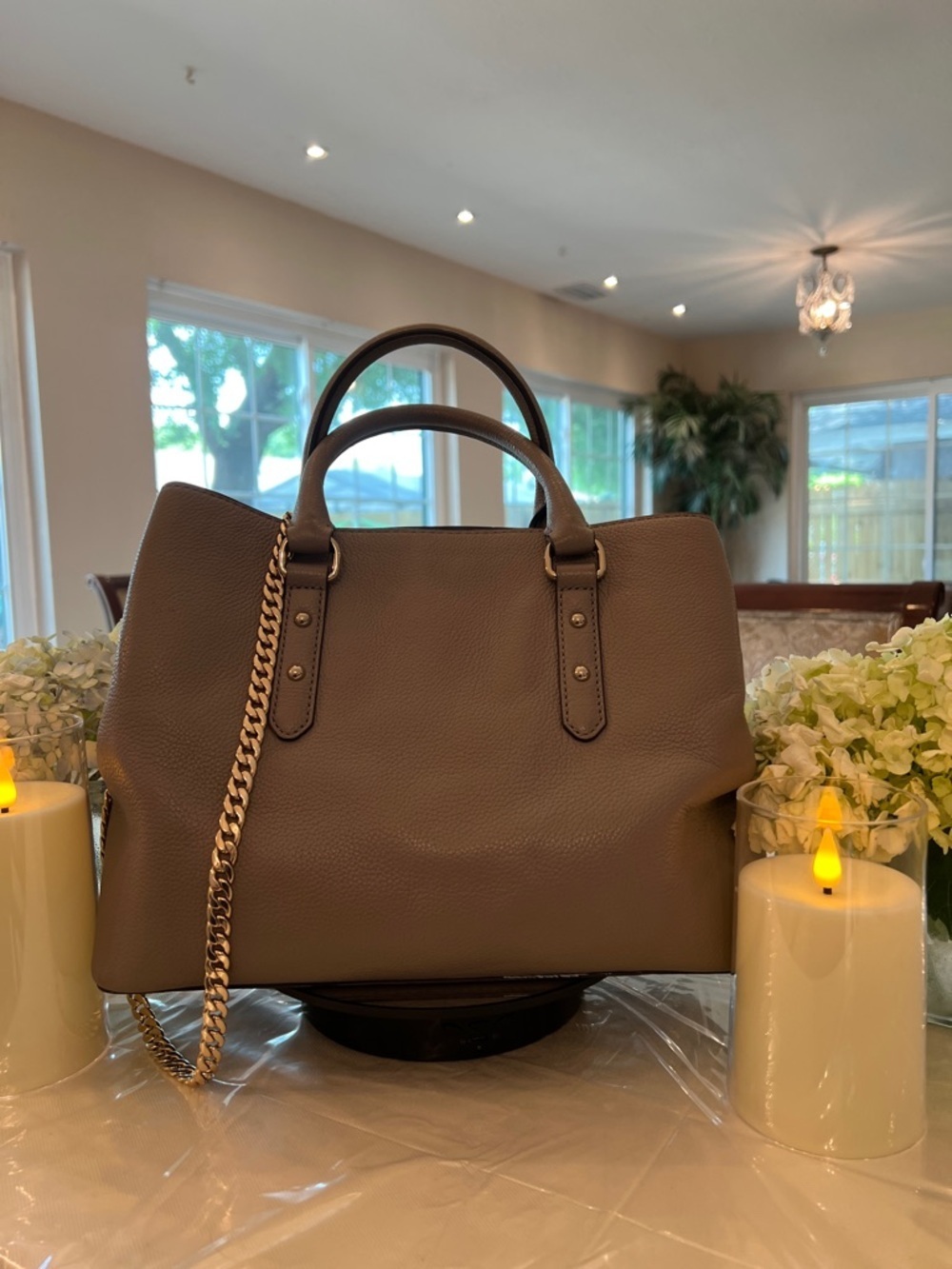 Kate Spade New York Taupe Pebbled Leather Satchel Gold Chain Shoulder Bag - Picture 3 of 10